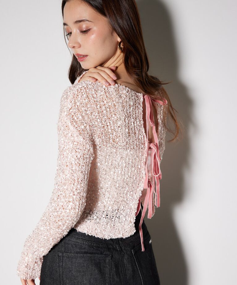 rienda「バックリボンメッシュニットトップス」|ニット・セーター|
