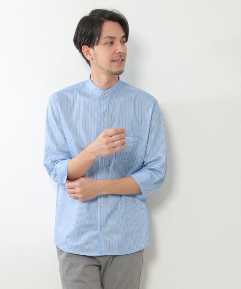 ikka「7分袖イージーケアバンドカラーシャツ」|シャツ・ブラウス|ブルー