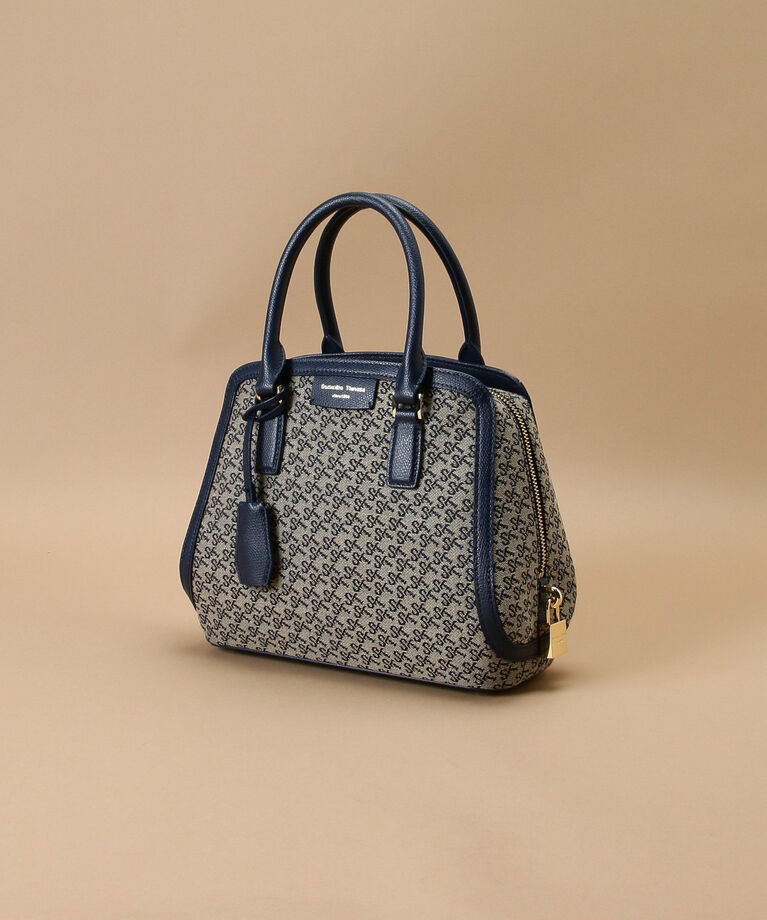 Samantha Thavasa「ST Jacquard トラペズミニヨン ボストンバッグ」|ハンドバッグ|ネイビー