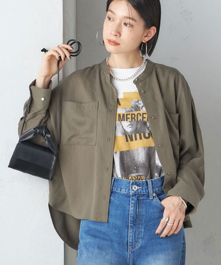SHIPS for women「〈手洗い可能〉バンドカラー ショート 羽織り シャツ」|シャツ・ブラウス|カーキ