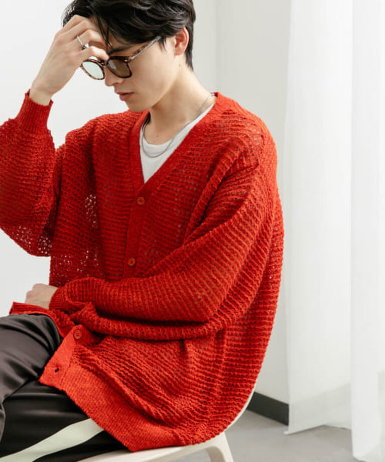 SENSE OF PLACE by URBAN RESEARCH「SENSE OF PLACE 『ユニセックス』『洗濯可』シアーVネックカーディガン」|カーディガン|RED