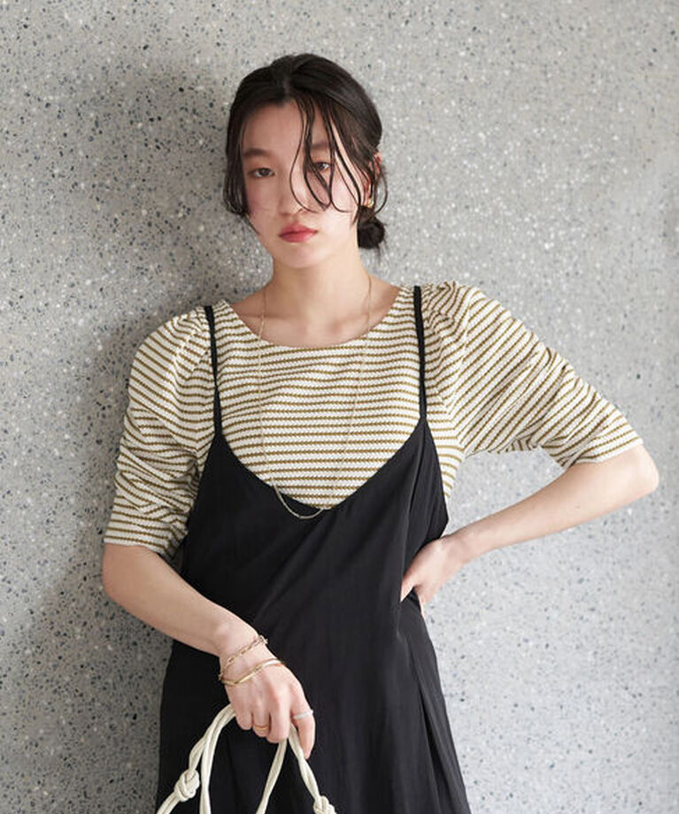 earth music&ecology「パワショル ボーダートップス」|Tシャツ・カットソー|オリーブ
