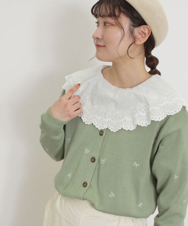 Samansa Mos2「リボン刺繍カーディガン」|カーディガン|グリーン