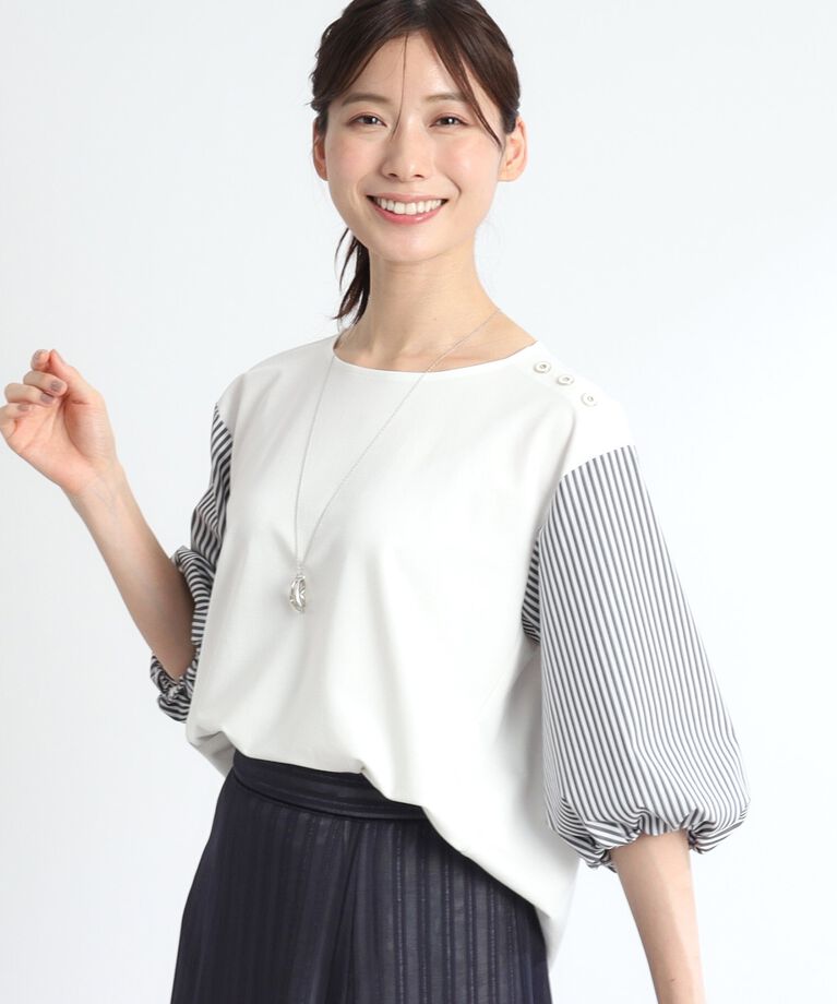 Reflect「【夏SALE／人気商品の夏バージョン！UVカット／接触冷感／洗える】ストライプスリーブカットソー」|Tシャツ・カットソー|ｵﾌﾎﾜｲﾄ(003)