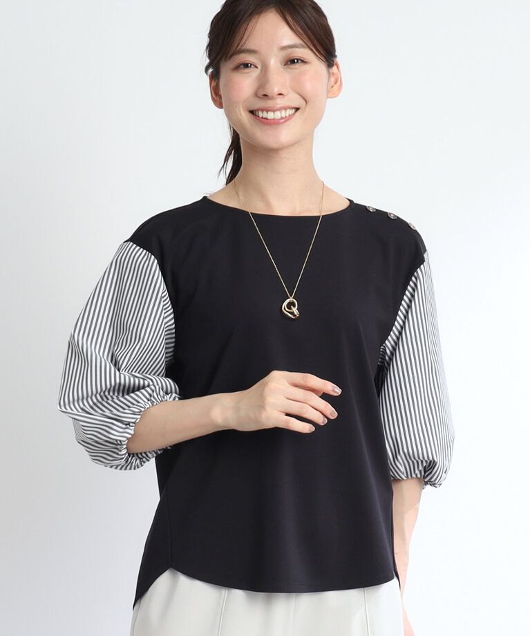 Reflect「【夏SALE／人気商品の夏バージョン！UVカット／接触冷感／洗える】ストライプスリーブカットソー」|Tシャツ・カットソー|ﾌﾞﾗｯｸ(019)
