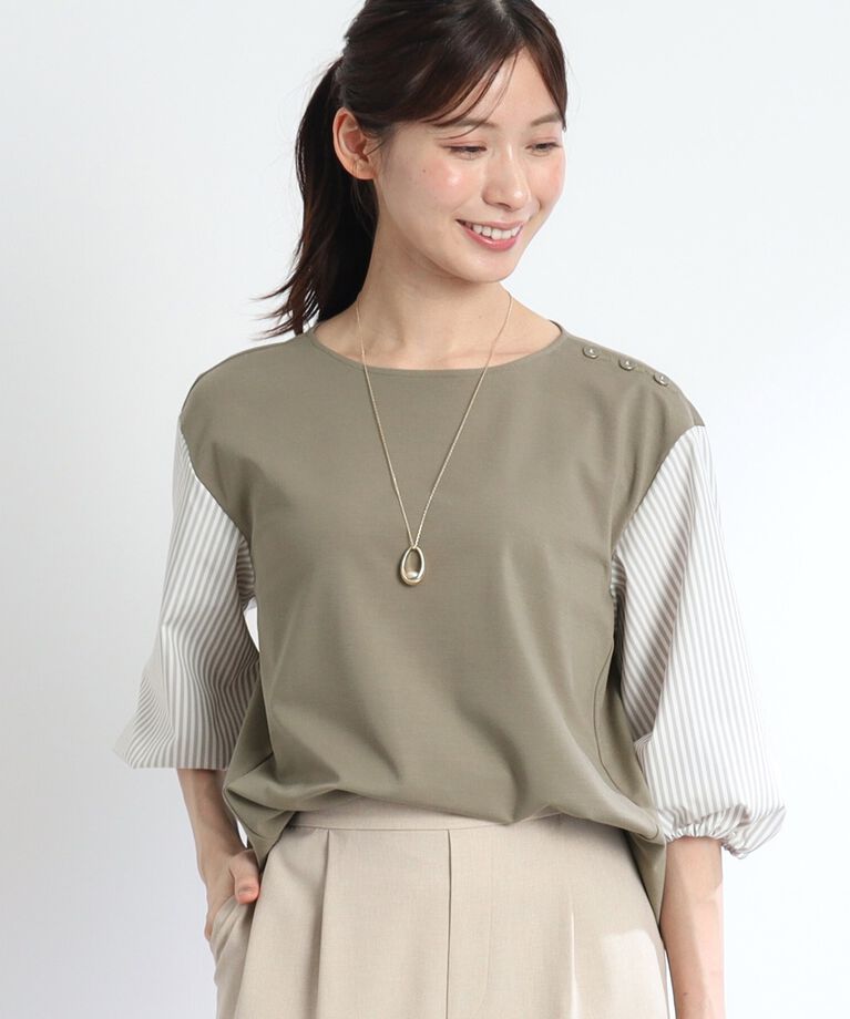 Reflect「【夏SALE／人気商品の夏バージョン！UVカット／接触冷感／洗える】ストライプスリーブカットソー」|Tシャツ・カットソー|ｵﾘｰﾌﾞｸﾞﾘｰﾝ(026)