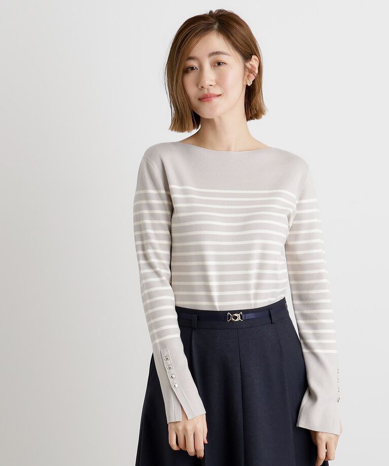 grove「総針袖口金ボタンニットロンT」|ニット・セーター|グレー×オフ(311