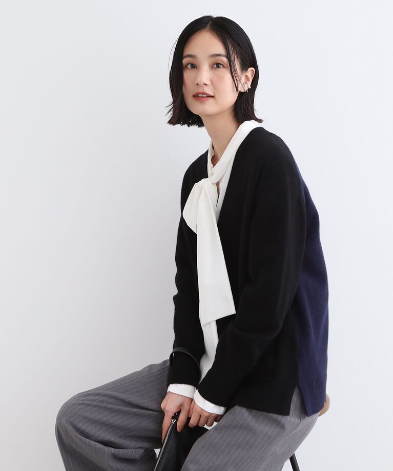 INDIVI「【カシミヤ混／バイカラー】ゆるシルエットニットカーディガン」|カーディガン|ﾌﾞﾗｯｸ(519)