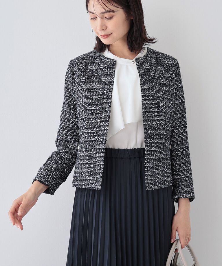 INDIVI「春SALE！【華やか】ファンシーツイードジャケット」|ノーカラージャケット|ブラック(419)