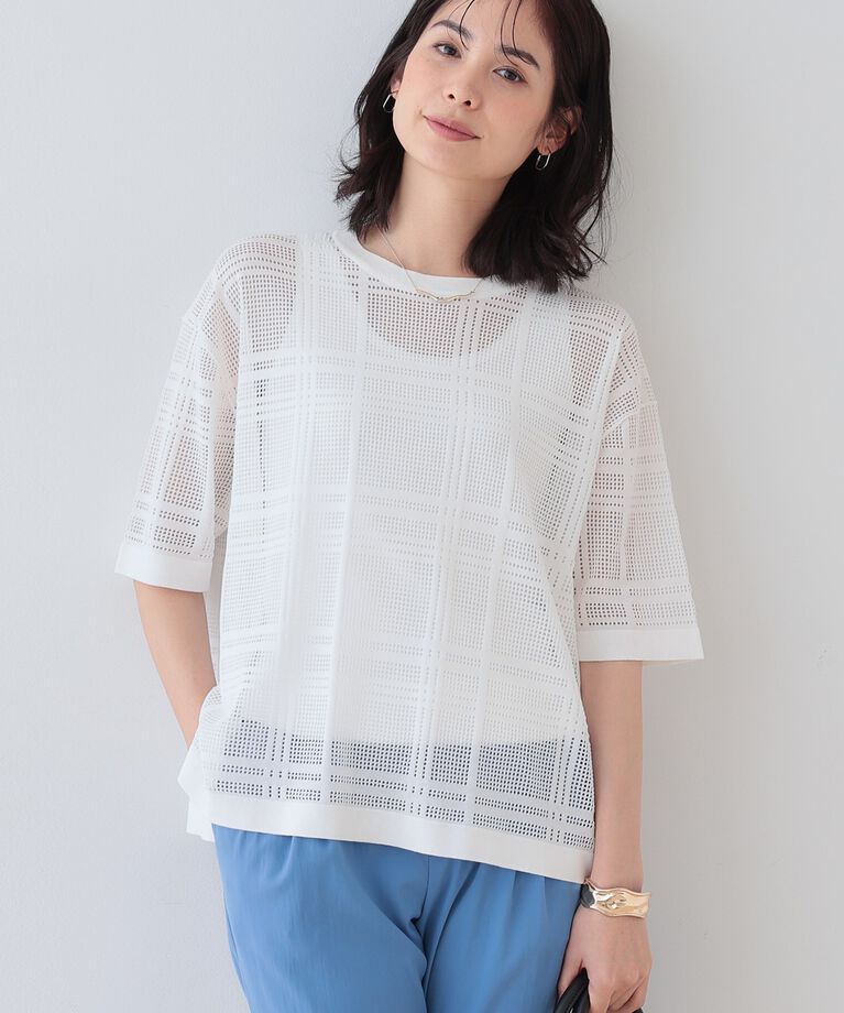 INDIVI「春SALE！【洗える】メッシュチェック柄ニット」|ニット・セーター|ホワイト(001)