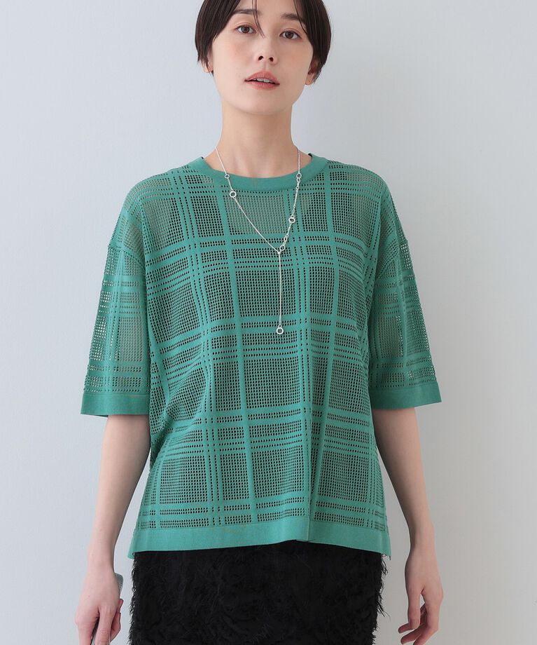 INDIVI「春SALE！【洗える】メッシュチェック柄ニット」|ニット・セーター|グリーン(022)