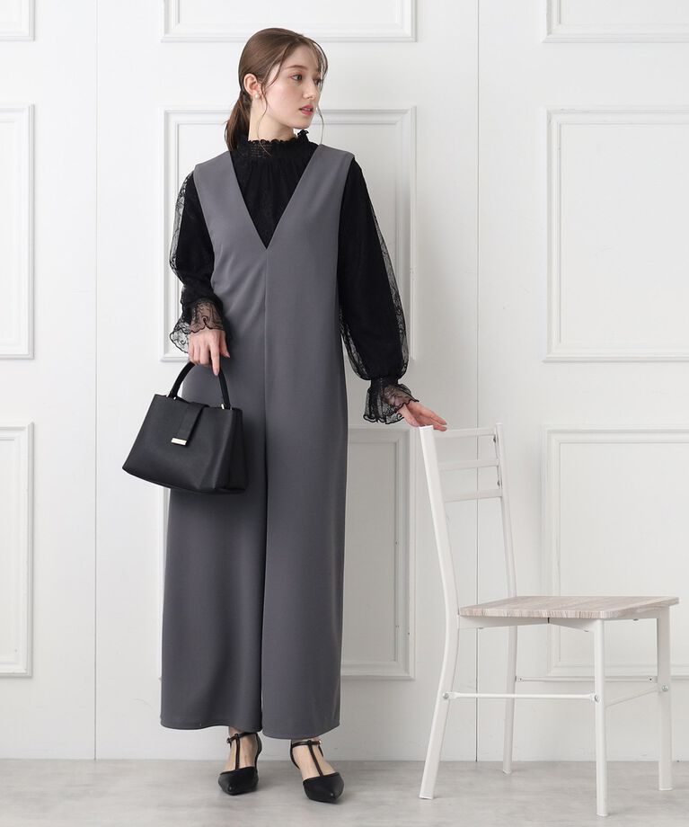 index「≪通勤・セレモニー対応≫ 前後2way/カットジョーゼットサロペット【イージーケア/洗濯機洗い可】」|オールインワン|ﾁｬｺｰﾙｸﾞﾚｰ(014)