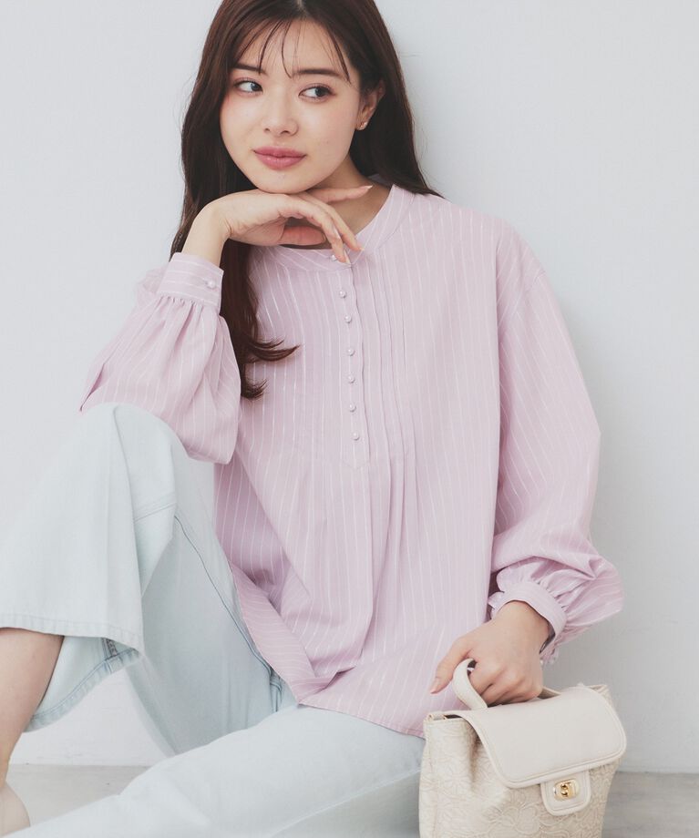 index「《6color》ラメラインバンドカラーシャツ【洗濯機洗い可/イージーアイロン/防シワ】」|シャツ・ブラウス|ラベンダー(380)