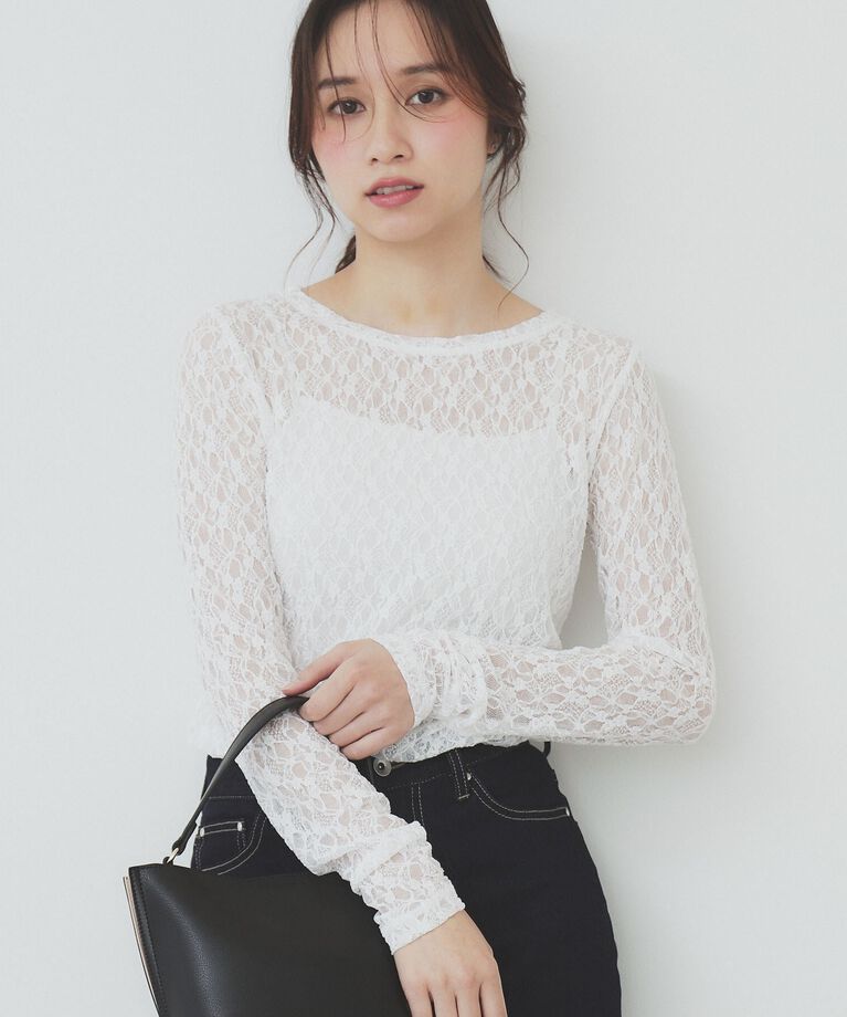 index「シアーフラワーストレッチトップス【洗濯機洗い可】」|Tシャツ・カットソー|オフホワイト(003