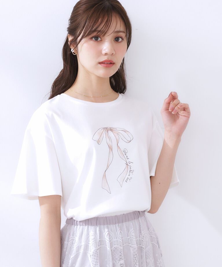 Couture broach「【マシンウォッシャブル・接触冷感・UV機能】60リボンロゴプリント フレアーT」|Tシャツ・カットソー|