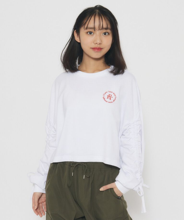 PINK-latte「袖リボンギャザー ロングTシャツ」|Tシャツ・カットソー|ｵﾌﾎﾜｲﾄ(003)