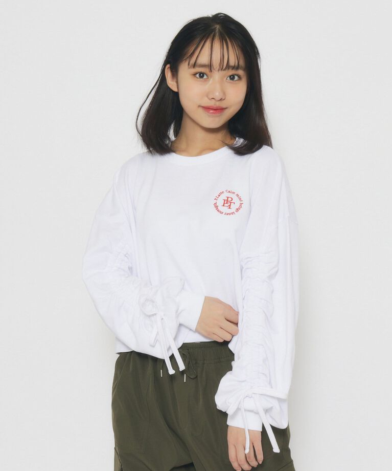 PINK-latte「袖リボンギャザー ロングTシャツ」|Tシャツ・カットソー|
