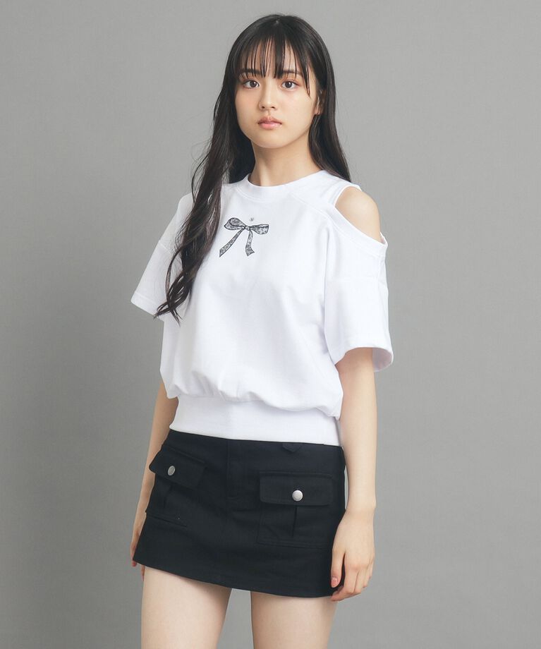PINK-latte「リボンモチーフ裏毛オフショルダー」|Tシャツ・カットソー|