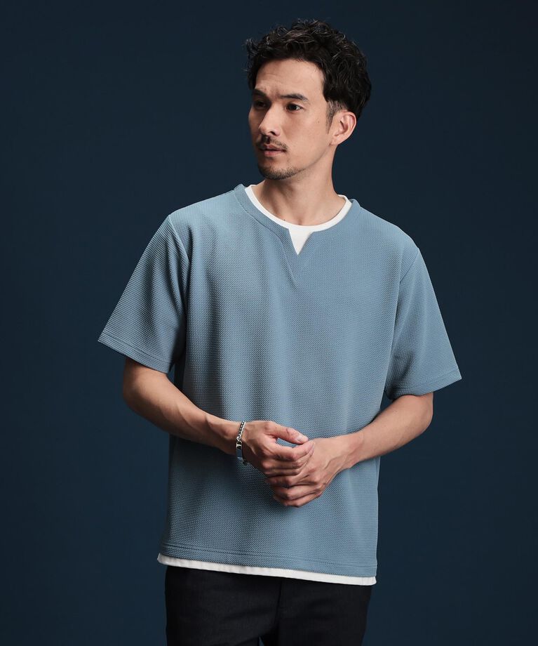 THE SHOP TK「ミニフクレキーネック半袖Tシャツ」|Tシャツ・カットソー|ブルー(092)