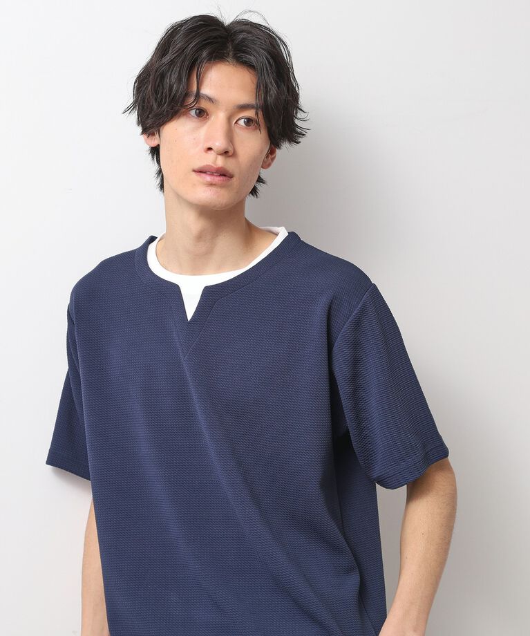 THE SHOP TK「ミニフクレキーネック半袖Tシャツ」|Tシャツ・カットソー|ネイビー(094)