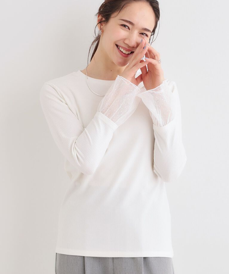 SHOO･LA･RUE「【S-LL】重ね着コーデで差をつける お袖チュールリブトップス」|Tシャツ・カットソー|ホワイト(001)