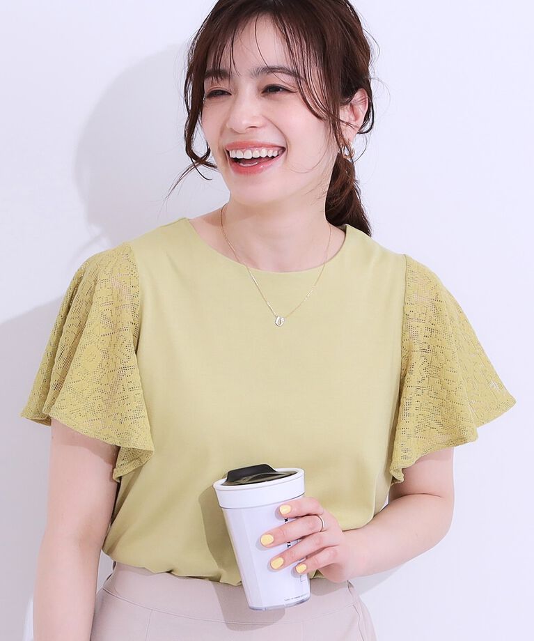 SHOO･LA･RUE「【S-LL】大人の上品コーデに お袖レース切り替えトップス」|Tシャツ・カットソー|イエローグリーン(0