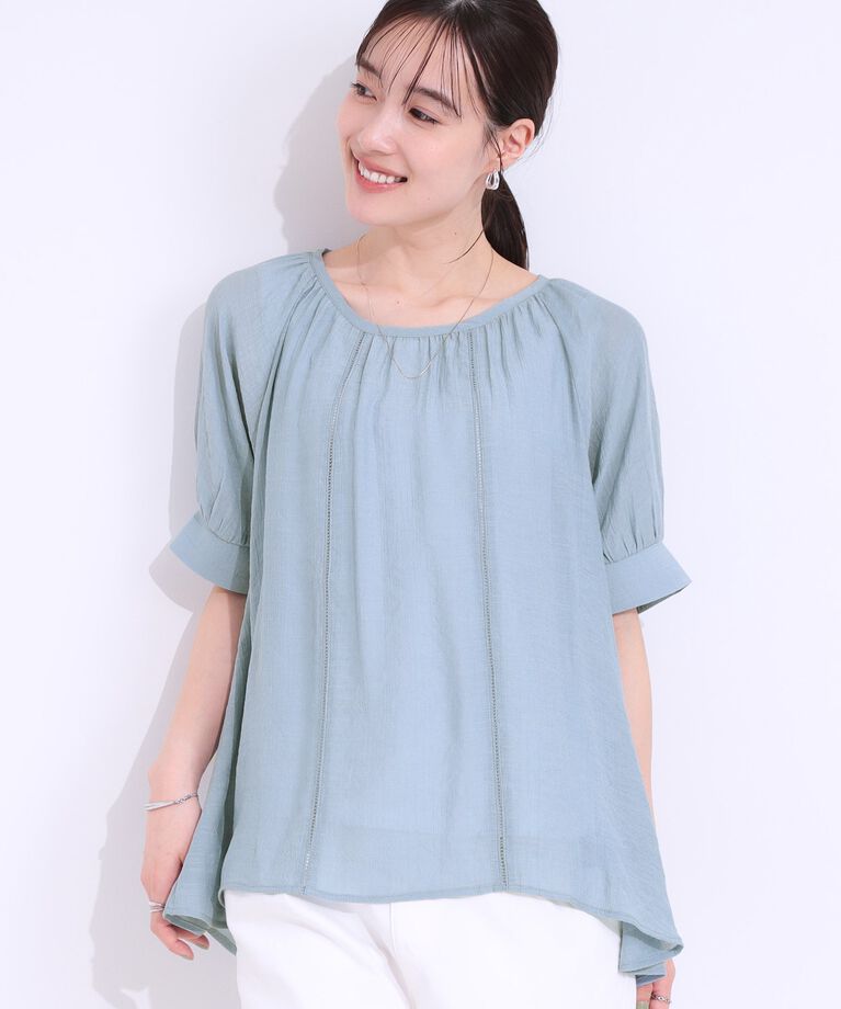 SHOO･LA･RUE「【S-LL/2点セット】インせず着られる はしごレース5分袖ブラウス」|シャツ・ブラウス|ブルー(091)