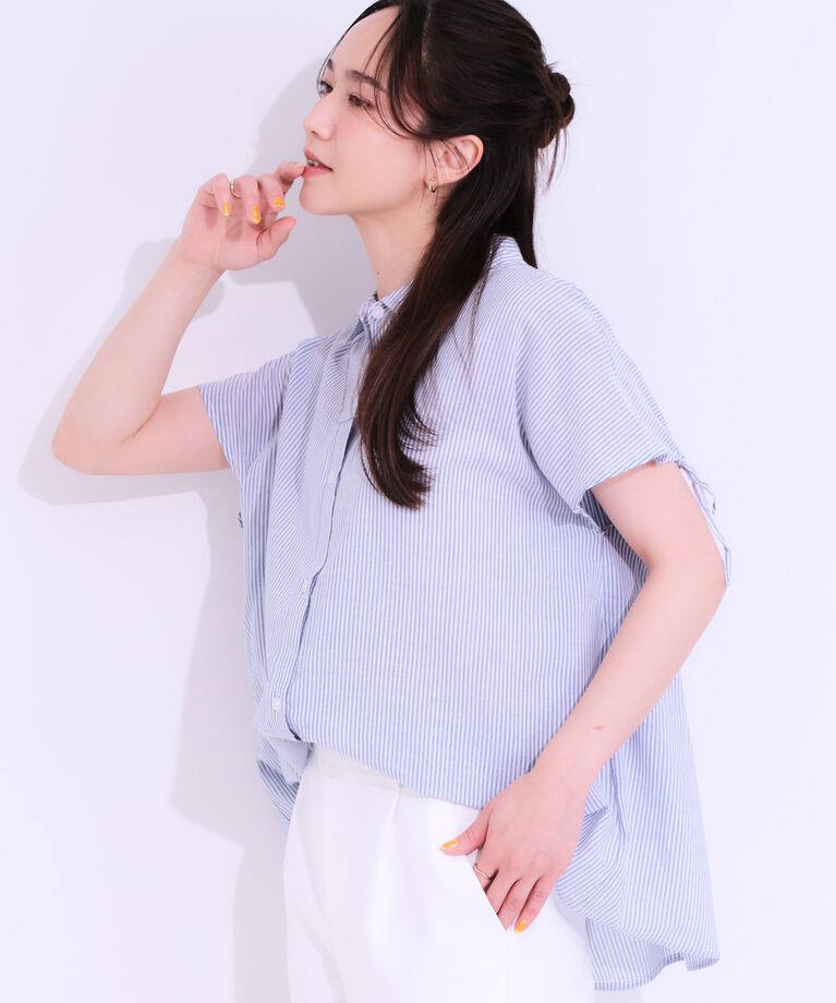 SHOO･LA･RUE「【S-LL/接触冷感】後ろ姿も抜かりなく インせず着られる バックギャザーシャツ」|シャツ・ブラウス|ブルー(393)