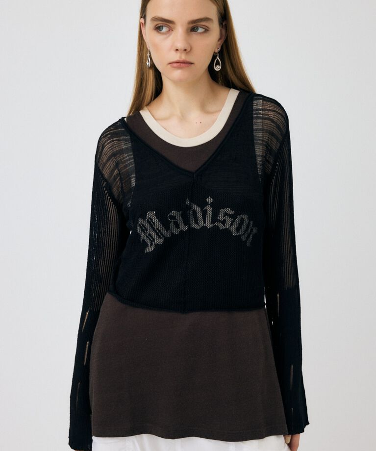 MOUSSY「MESH V NECK ニットトップス」|ニット・セーター|BLK