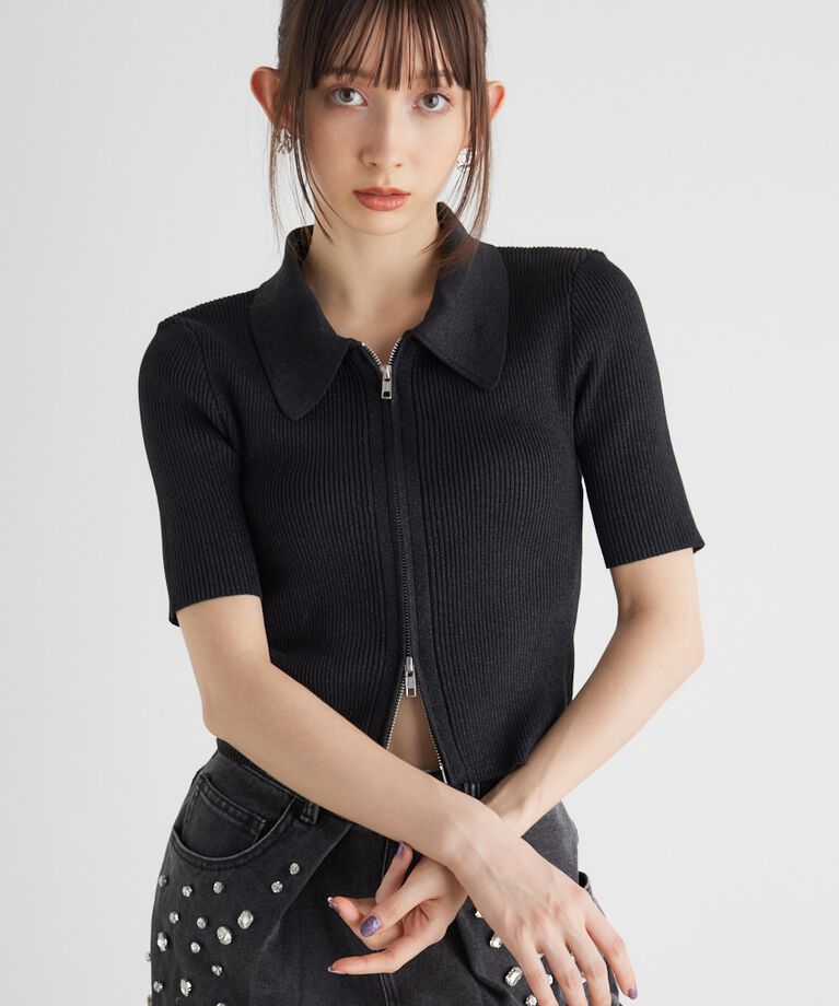 rienda「ZIPシャツKnit TOP」|ニット・セーター|BLK