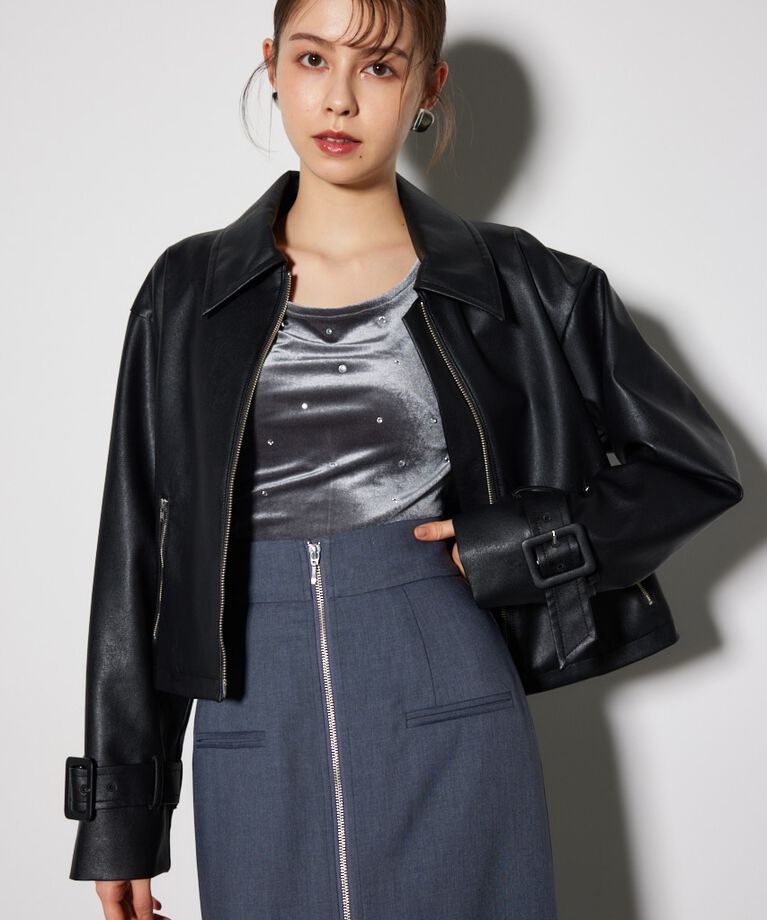 rienda「フェイクレザーショートZIPジャケット」|その他|BLK