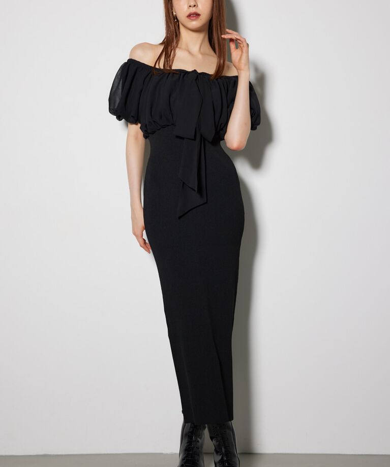 rienda「シフォンオフショルタイトニットワンピース」|ワンピース|BLK