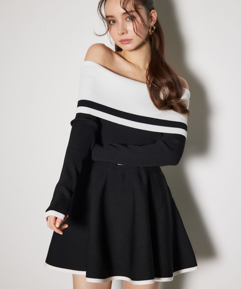 rienda「バイカラーオフショルフレアミニニットワンピース」|ワンピース|BLK