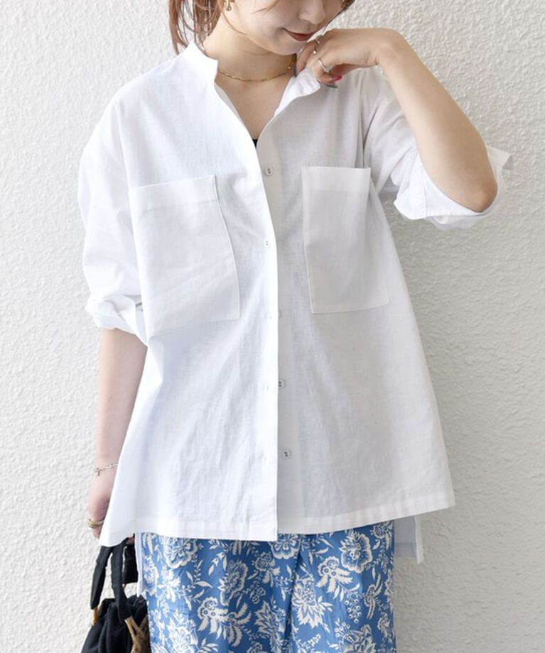 SHIPS any「【WEB限定】SHIPS any: 〈洗濯機可能〉リネン ミックス スタンドカラー ポケット シャツ 25SS」|シャツ・ブラウス|