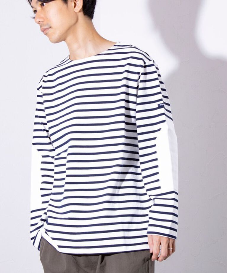GLOSTER「【GLOSTER/グロスター】バスクボーダー  エルボーパッチ ボーダーロンT BIO-WASH」|Tシャツ・カットソー|ホワイト