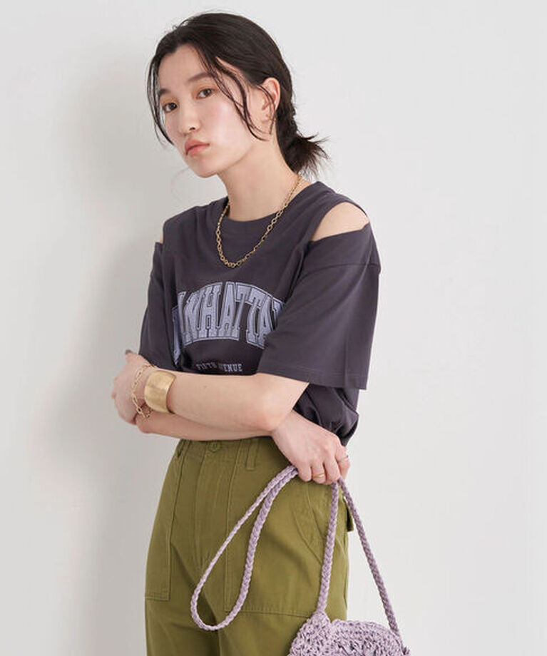 earth music&ecology「ショルダースリットショートTシャツ」|Tシャツ・カットソー|チャコールグレー
