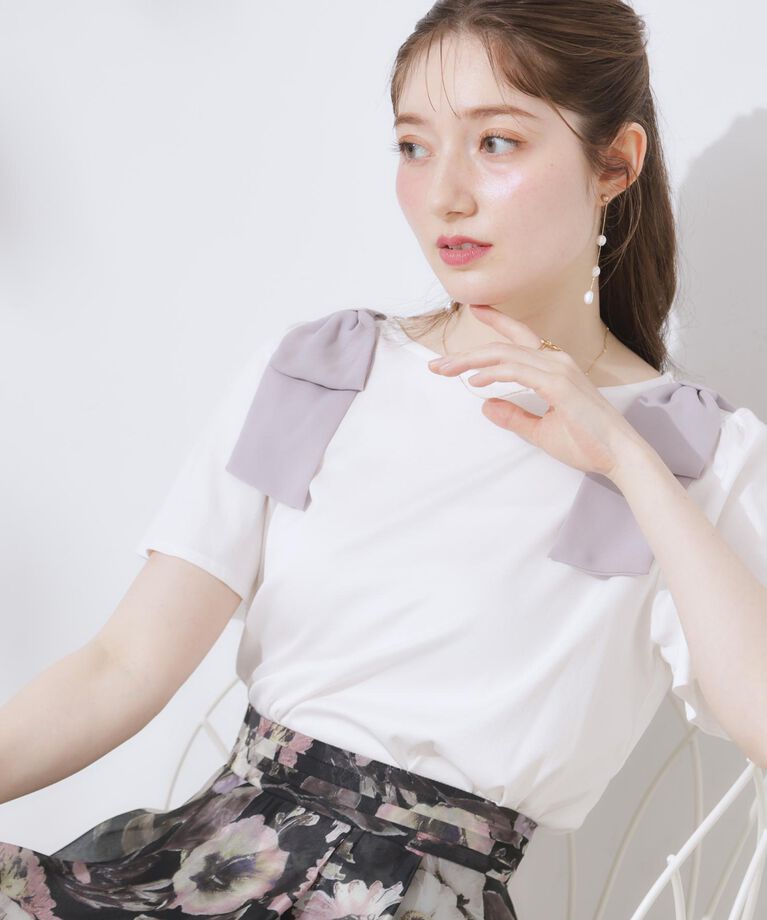 Couture broach「【リボン・マシンウォッシャブル・UV機能・接触冷感】肩リボントップス」|Tシャツ・カットソー|