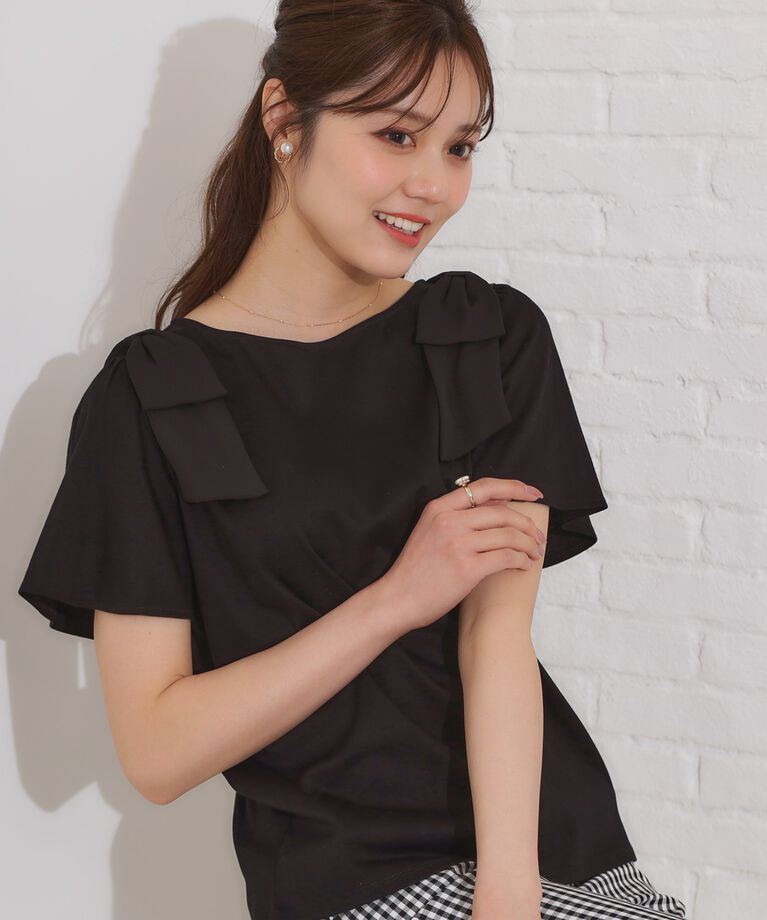 Couture broach「【リボン・マシンウォッシャブル・UV機能・接触冷感】肩リボントップス」|Tシャツ・カットソー|ブラック(019)
