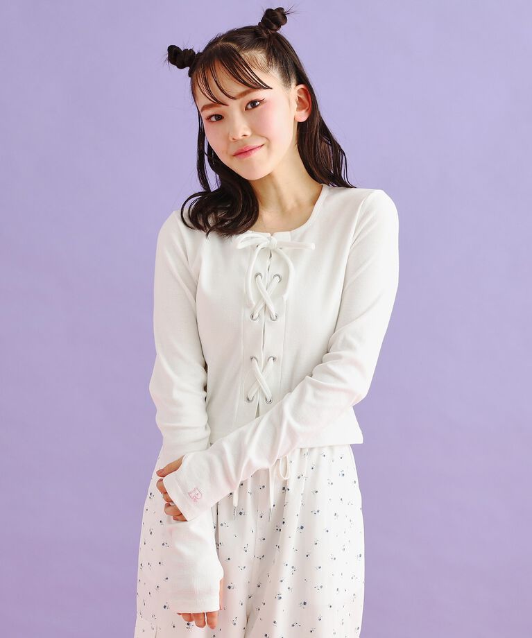 PINK-latte「レースアップテレコプルオーバー」|Tシャツ・カットソー|オフホワイト(003