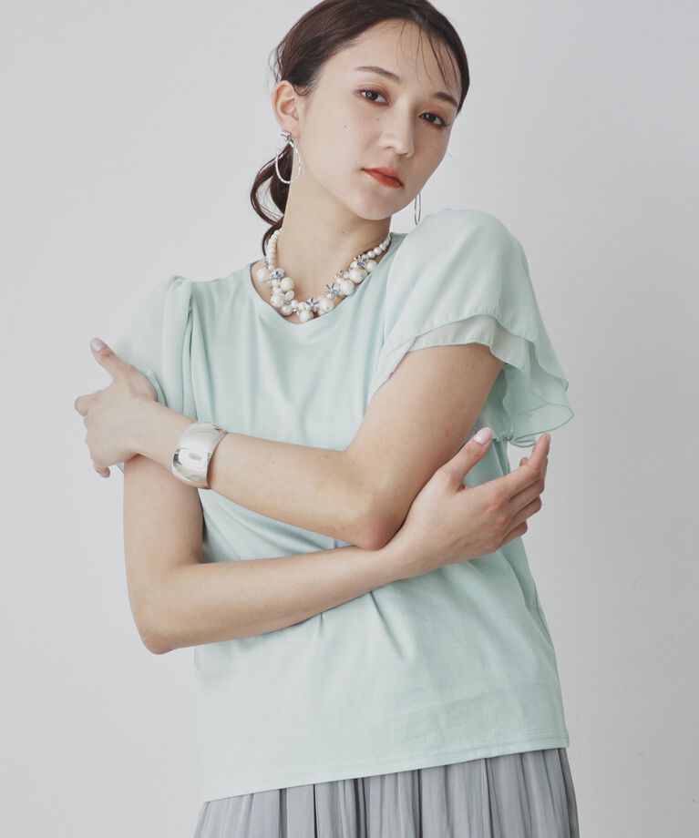 SunaUna「【接触冷感／日本製】シフォンスリーブカットソー」|Tシャツ・カットソー|ﾐﾝﾄｸﾞﾘｰﾝ(021)