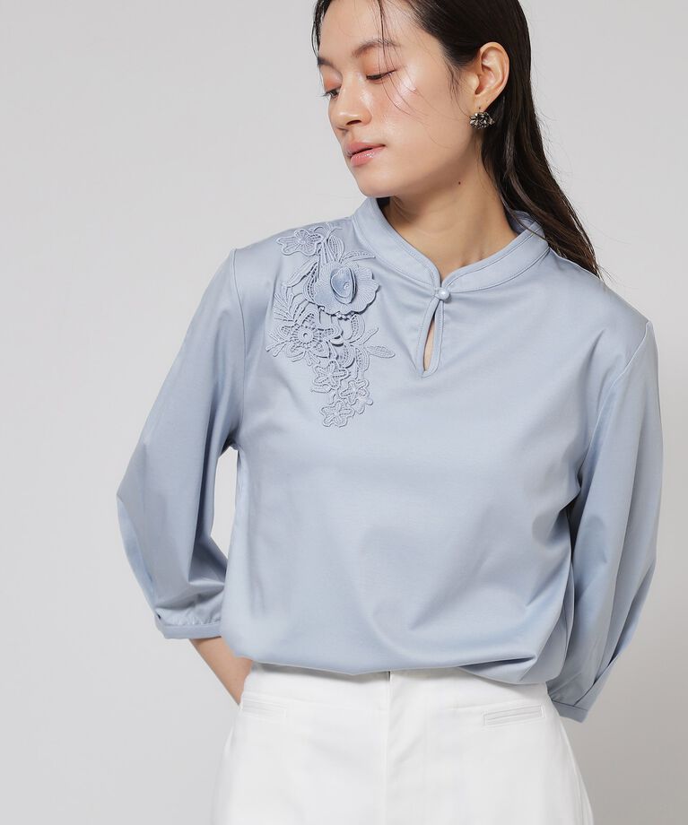 SunaUna「【レース／チャイナカラー】七分袖プルオーバー」|Tシャツ・カットソー|ブルー(091)