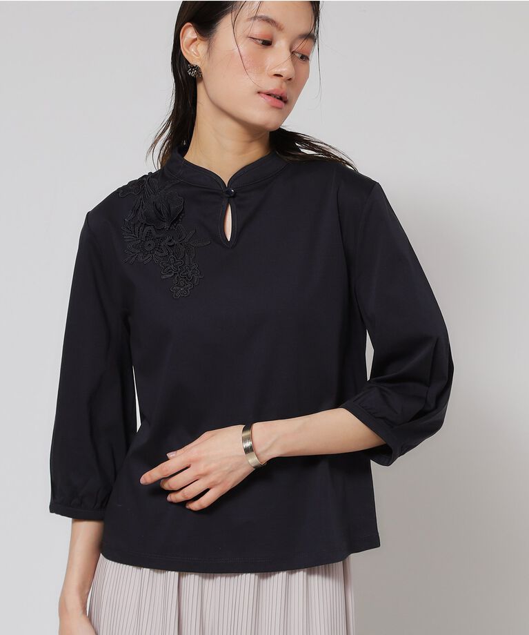 SunaUna「【レース／チャイナカラー】七分袖プルオーバー」|Tシャツ・カットソー|ネイビー(094)