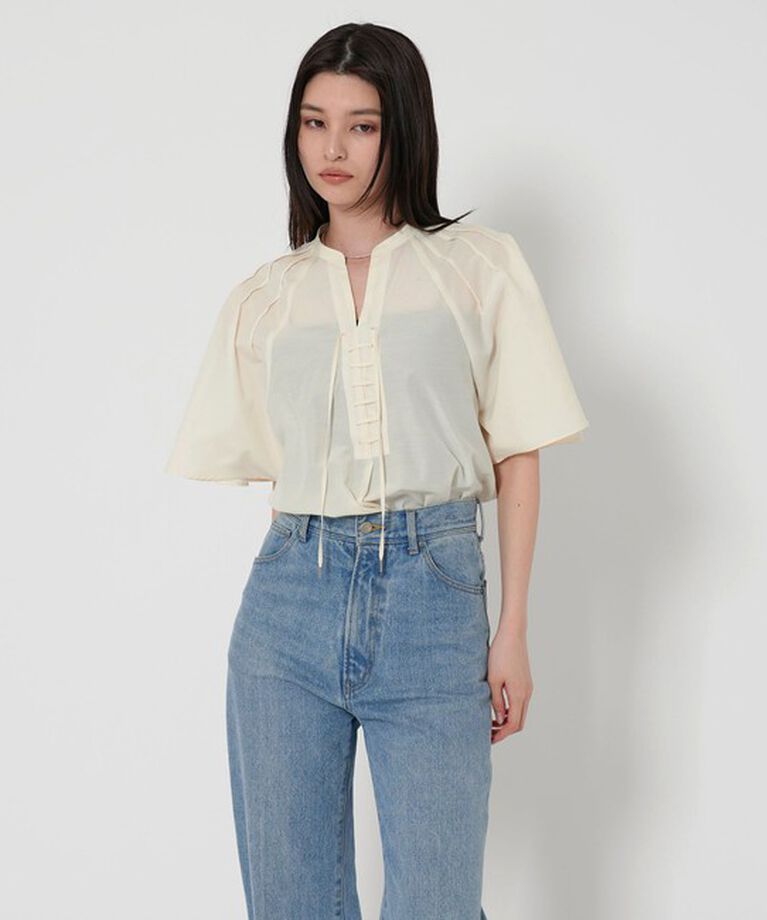 EMMEL REFINES「＜EMMEL REFINES＞EM タックフレアスリーブ レースアップ ブラウス」|シャツ・ブラウス|