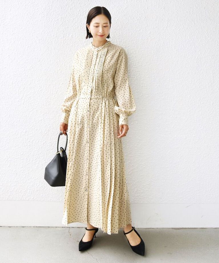 SHIPS for women「【WEB限定】〈手洗い可能〉ドット / 花柄 バンドカラー サイド プリーツ ワンピース」|ワンピース|