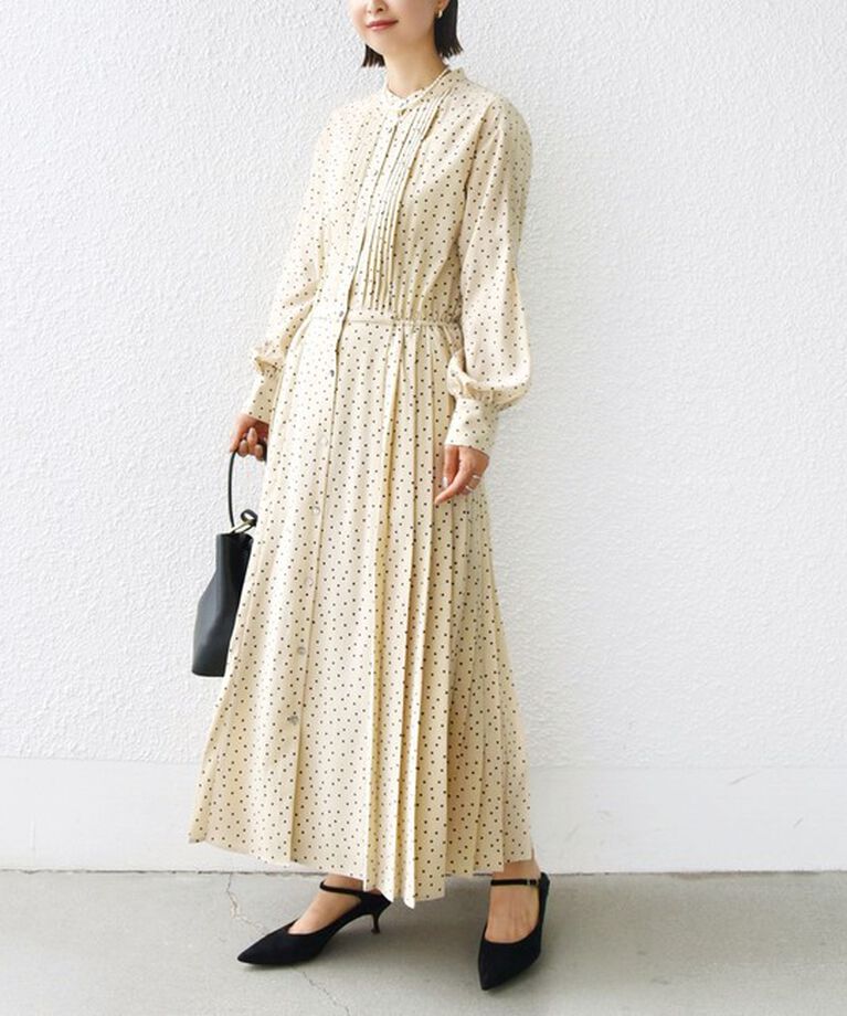 SHIPS for women「【WEB限定】〈手洗い可能〉ドット / 花柄 バンドカラー サイド プリーツ ワンピース」|ワンピース|