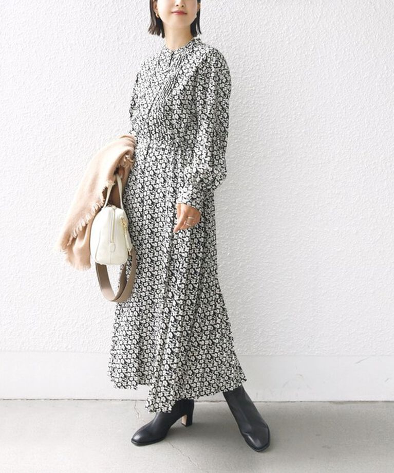 SHIPS for women「【WEB限定】〈手洗い可能〉ドット / 花柄 バンドカラー サイド プリーツ ワンピース」|ワンピース|