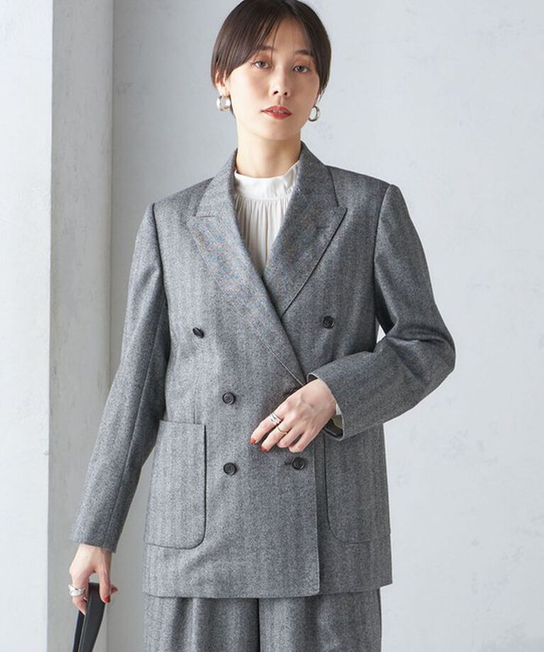 SHIPS for women「SHIPS Primary Navy Label: フラノ ヘリンボーン ダブルボタン ジャケット（セットアップ対応）」|テーラードジャケット|