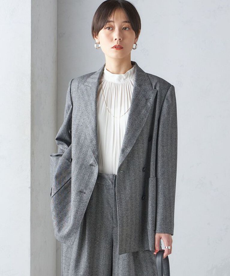 SHIPS for women「SHIPS Primary Navy Label: フラノ ヘリンボーン ダブルボタン ジャケット（セットアップ対応）」|テーラードジャケット|