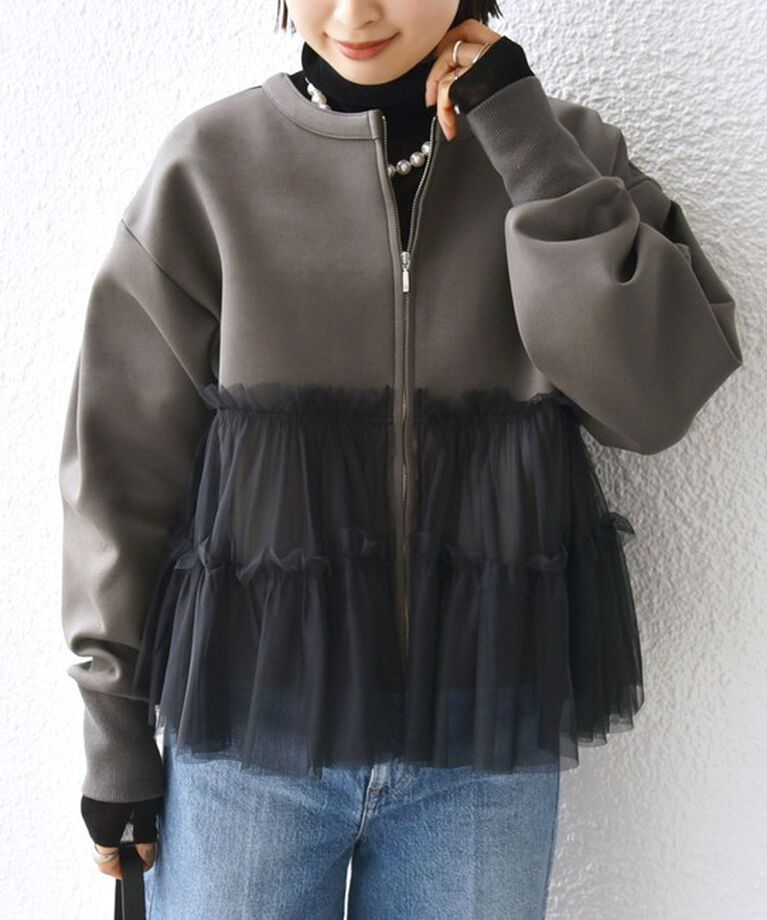 SHIPS for women「【WEB限定】 〈手洗い可能〉ダンボール × チュール ジップ 羽織」|その他|