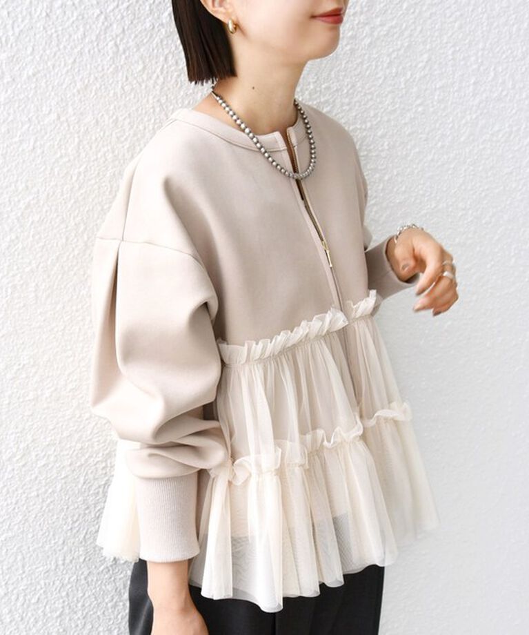 SHIPS for women「【WEB限定】 〈手洗い可能〉ダンボール × チュール ジップ 羽織」|その他|ベージュ
